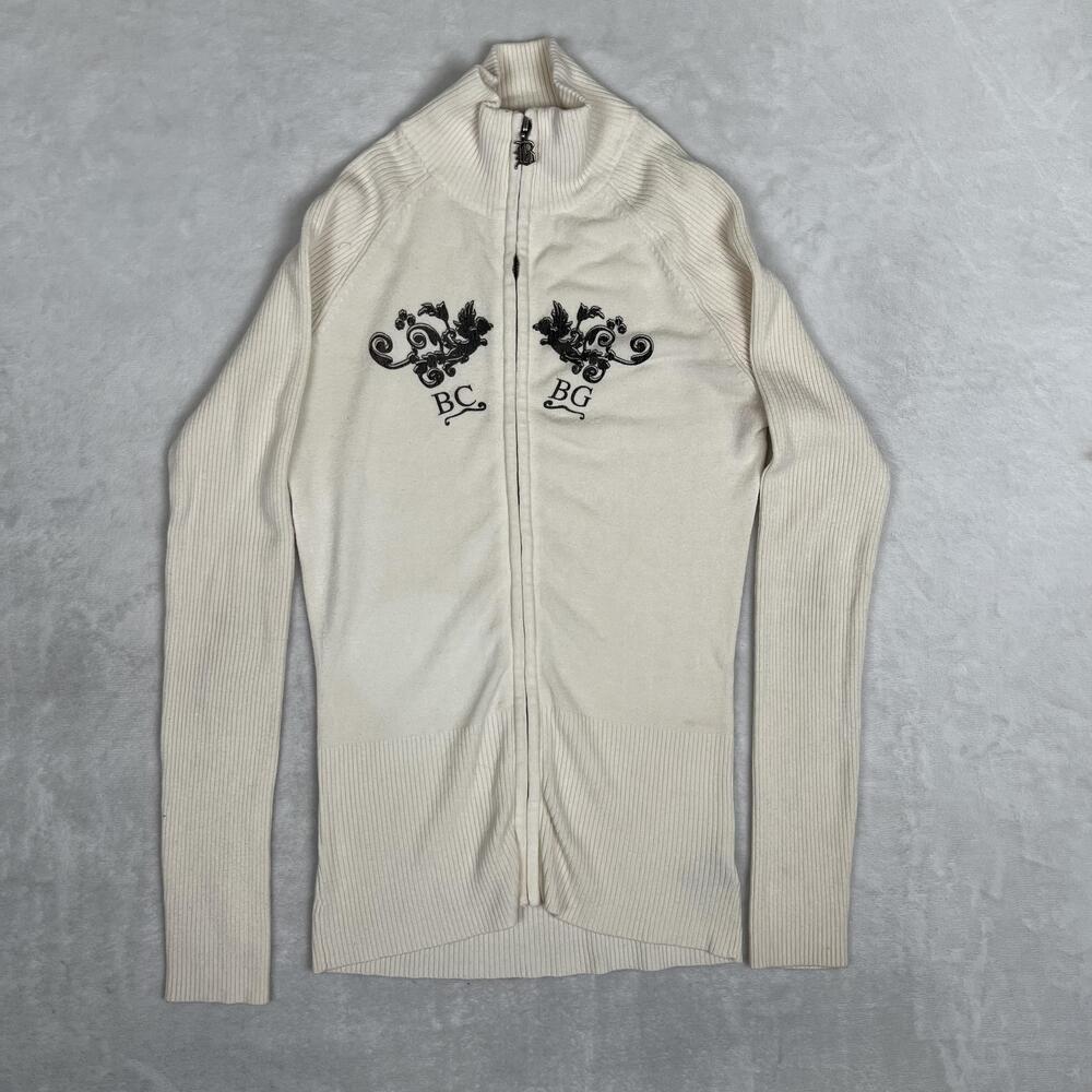 BCBG MAXAZRIA Sweater Womens M White Full Zip Mock Neck Knit Y2K Logo